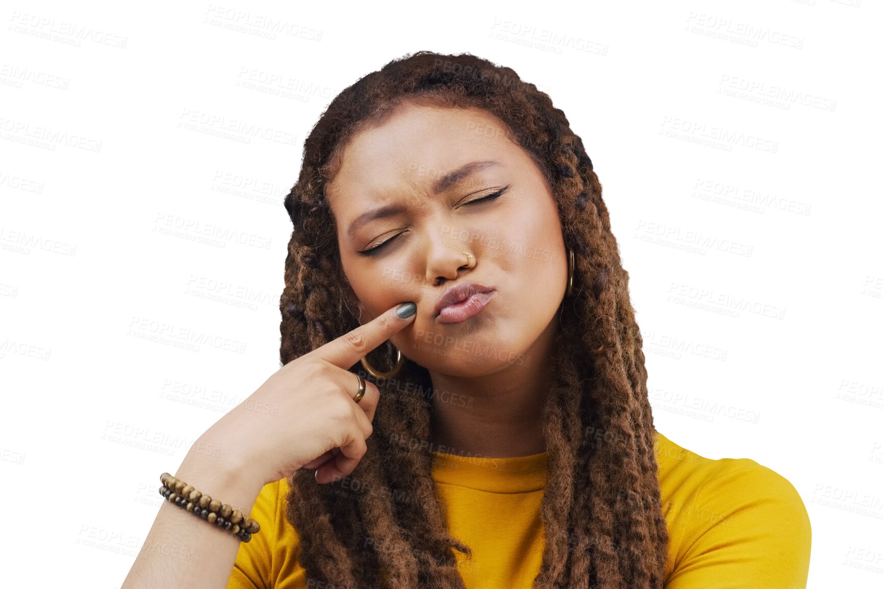 Buy stock photo Goofy, funny face and young woman with comic, playful or silly attitude or facial expression. Comedy, emoji and female person with cute and fun joke gesture isolated by transparent png background.