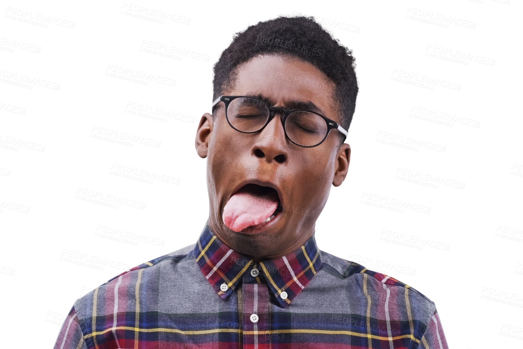 Buy stock photo Funny, face and black man with tongue out gesture on isolated, transparent or png background. Comic, emoji and silly male model with goofy mood, personality or gross reaction to disgusting taste