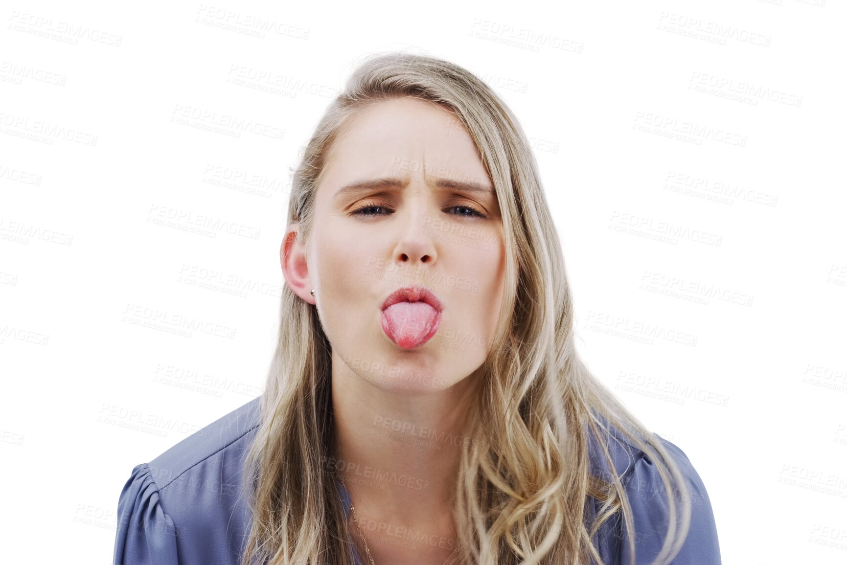 Buy stock photo Angry, portrait and frustrated woman with tongue out on isolated, transparent and png background. Face, emoji and female model with rebel expression, gesture or bad mood, reaction or attitude sign