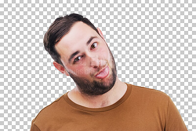 Buy stock photo Portrait, funny face and man looking silly or goofy isolated on a transparent PNG background. Comedy, comic and gesture with a crazy young male person joking for fun, humor or facial expression