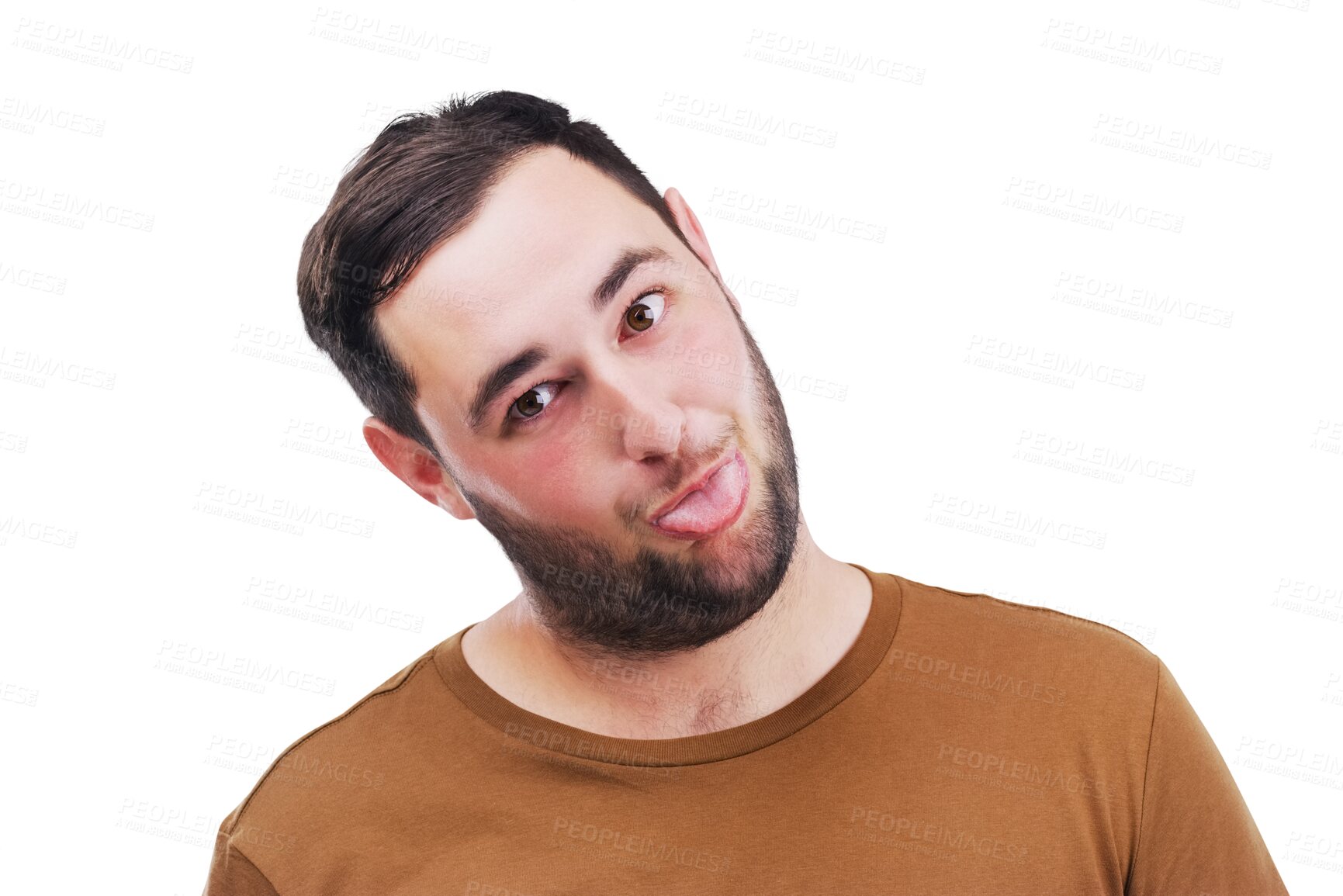 Buy stock photo Portrait, funny face and man looking silly or goofy isolated on a transparent PNG background. Comedy, comic and gesture with a crazy young male person joking for fun, humor or facial expression