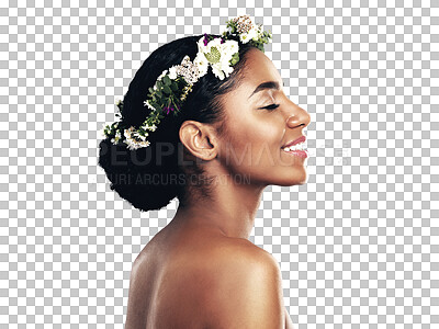 Buy stock photo Profile, beauty and flower crown for wellness with a black woman isolated on transparent background. Skincare, smile and wreath with natural young model on PNG for health, sustainability or cosmetics