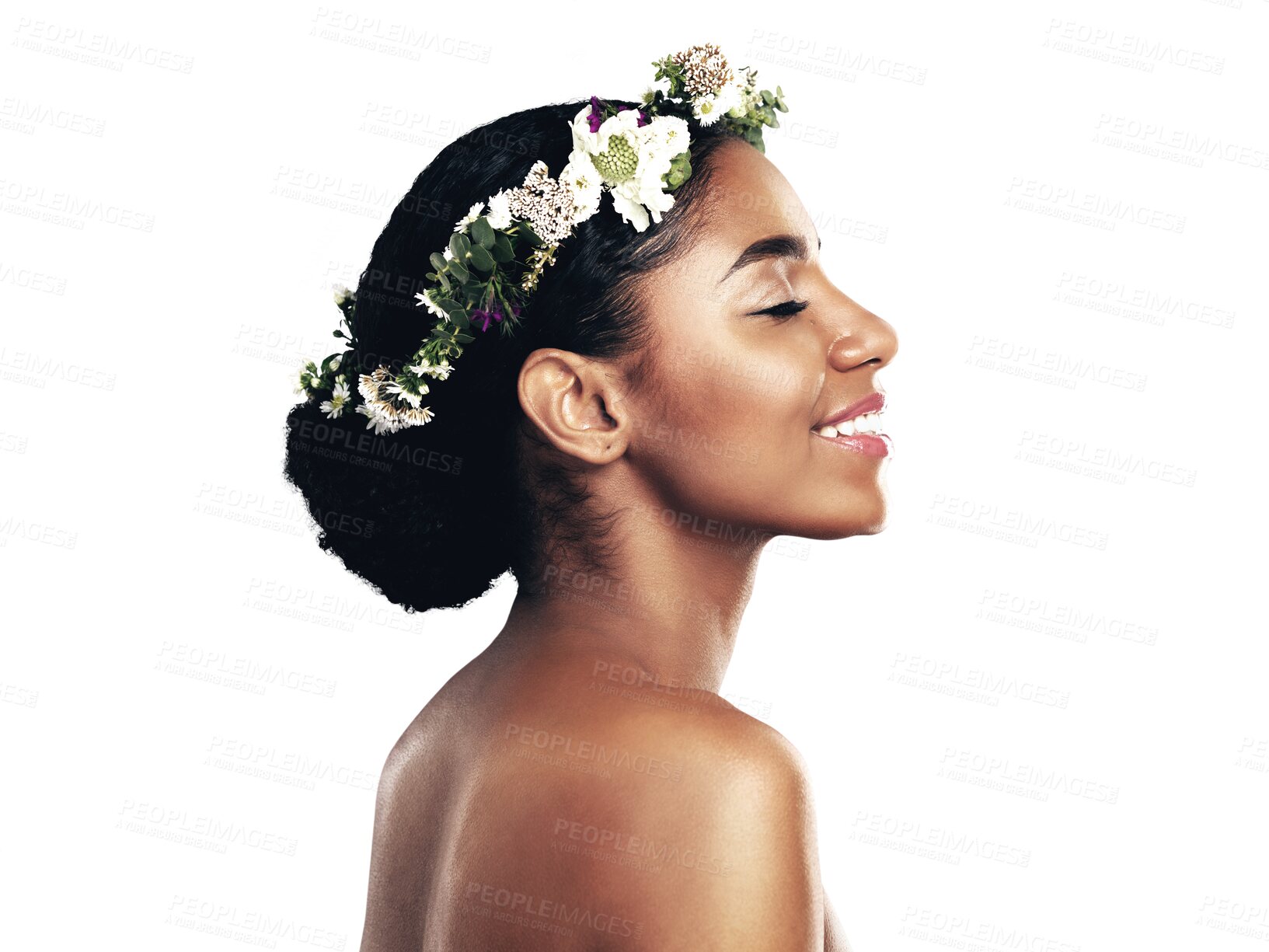 Buy stock photo Profile, beauty and flower crown for wellness with a black woman isolated on transparent background. Skincare, smile and wreath with natural young model on PNG for health, sustainability or cosmetics