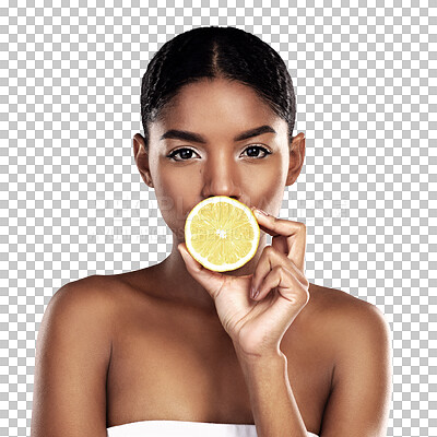 Buy stock photo Lemon, skincare of black woman and portrait with fruit, healthy nutrition or organic diet. Serious face, natural citrus cosmetics or beauty benefits, vitamin c or vegan on transparent png background