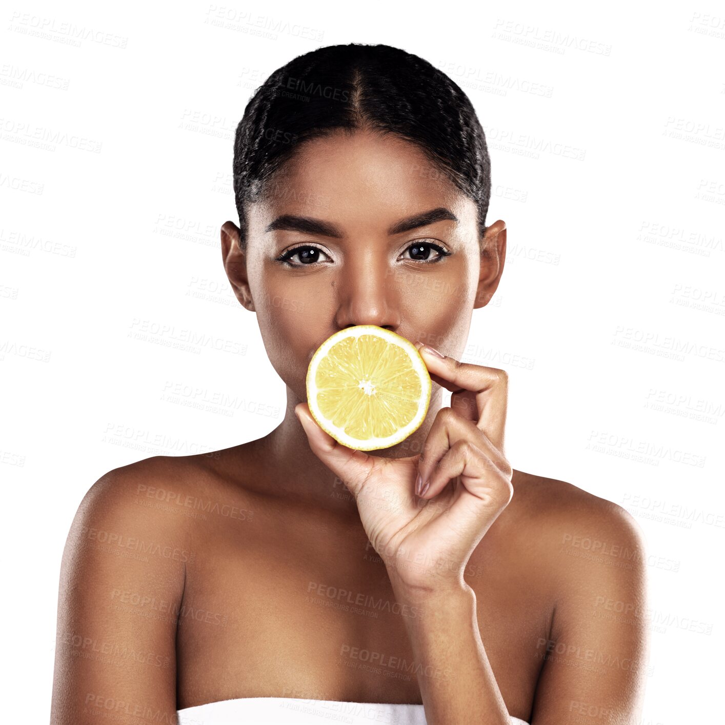 Buy stock photo Lemon, skincare of black woman and portrait with fruit, healthy nutrition or organic diet. Serious face, natural citrus cosmetics or beauty benefits, vitamin c or vegan on transparent png background