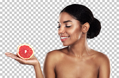 Buy stock photo Happy woman, skincare and grapefruit for beauty, cosmetics, natural product and vitamin c on her palm. African person or model with red fruit for dermatology isolated on a transparent, PNG background