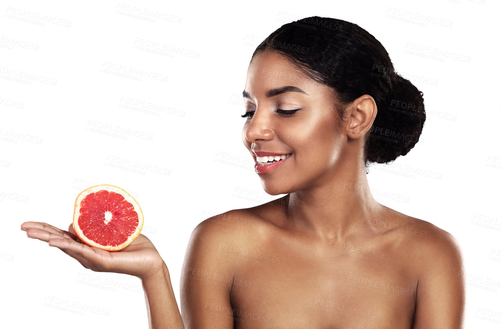 Buy stock photo Happy woman, skincare and grapefruit for beauty, cosmetics, natural product and vitamin c on her palm. African person or model with red fruit for dermatology isolated on a transparent, PNG background