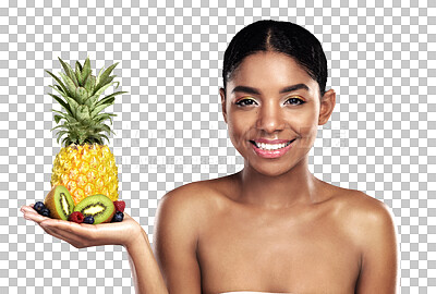 Buy stock photo Happy woman, skincare and pineapple for beauty, cosmetics, natural product and vitamin c on her palm. Portrait of African model with kiwi fruits for dermatology isolated on transparent PNG background