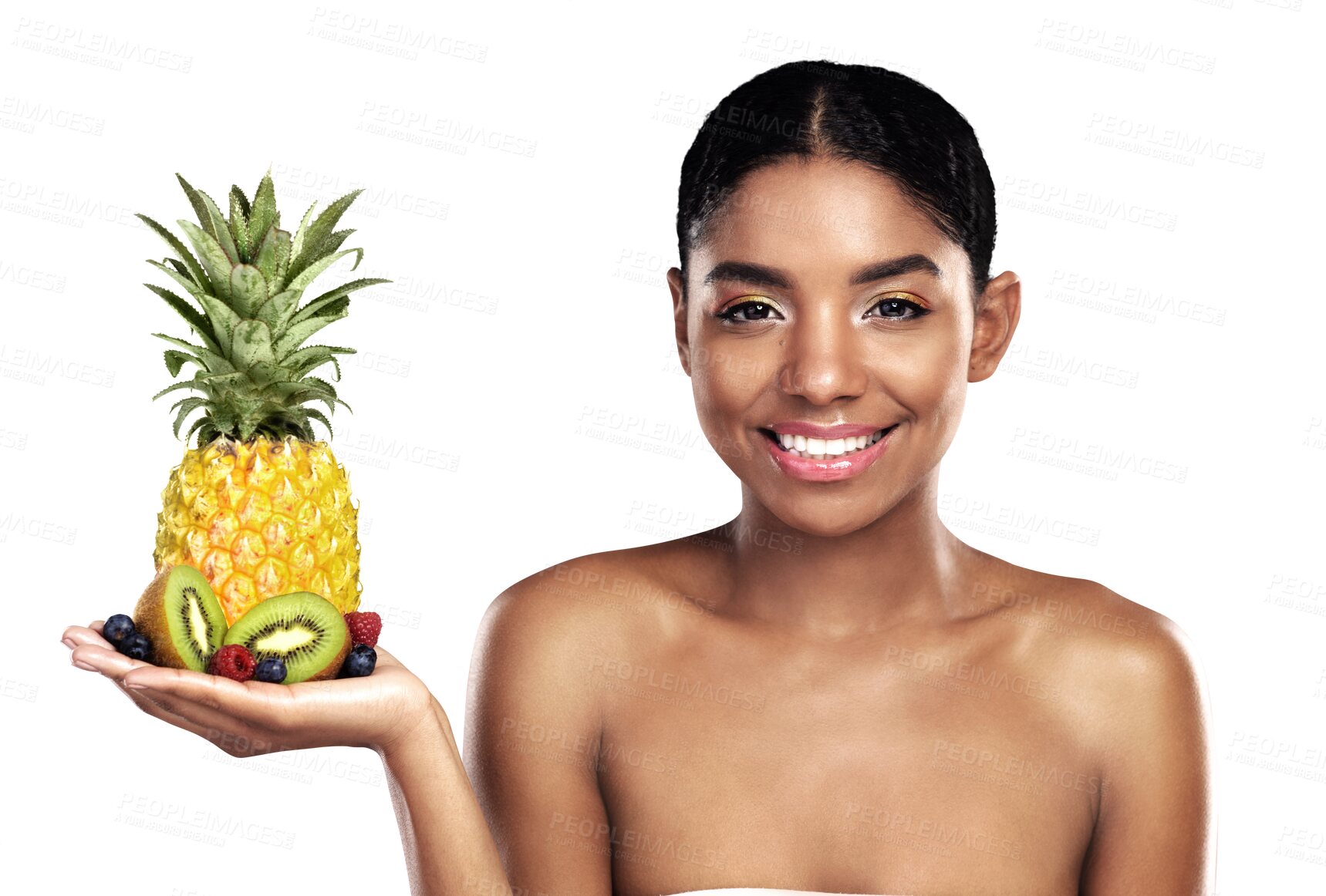 Buy stock photo Happy woman, skincare and pineapple for beauty, cosmetics, natural product and vitamin c on her palm. Portrait of African model with kiwi fruits for dermatology isolated on transparent PNG background