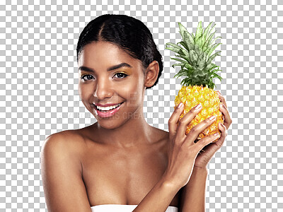 Buy stock photo Woman, skincare portrait and pineapple for beauty, cosmetics and natural product for Vitamin C. Face of African model with tropical fruit for dermatology and isolated on a transparent, PNG background