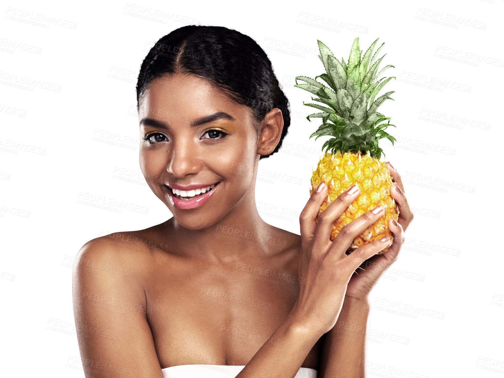 Buy stock photo Woman, skincare portrait and pineapple for beauty, cosmetics and natural product for Vitamin C. Face of African model with tropical fruit for dermatology and isolated on a transparent, PNG background