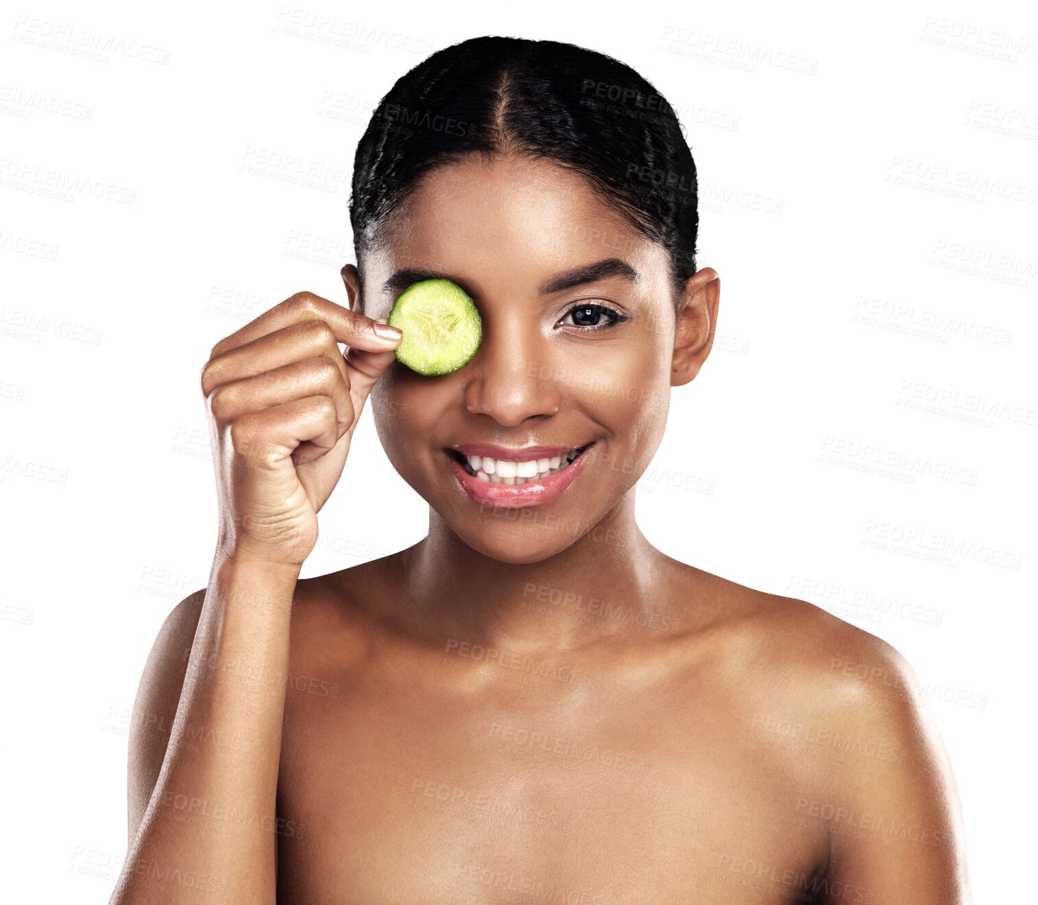 Buy stock photo Skincare, cucumber and woman face or eye beauty of cosmetics, natural product and Vitamin C makeup. Portrait of young African model, green fruit and dermatology isolated on transparent PNG background