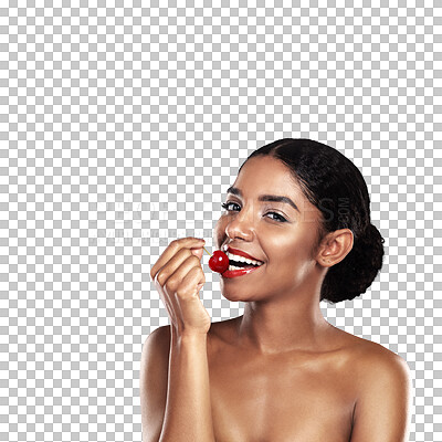 Buy stock photo Beauty, portrait or woman and eating a cherry isolated on png transparent background for health and wellness. Black person, smile or makeup with fruit for nutrition, healthy diet or organic detox