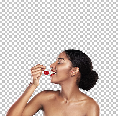 Buy stock photo Beauty, portrait or woman and eating a cherry on png transparent background for health and wellness. Black person, happiness or makeup with fruit for nutrition, healthy diet or organic detox for skin