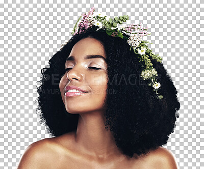 Buy stock photo Skincare, afro and flower crown for wellness with a black woman isolated on transparent background. Beauty, smile and wreath with a happy young model on PNG for health, sustainability or cosmetics