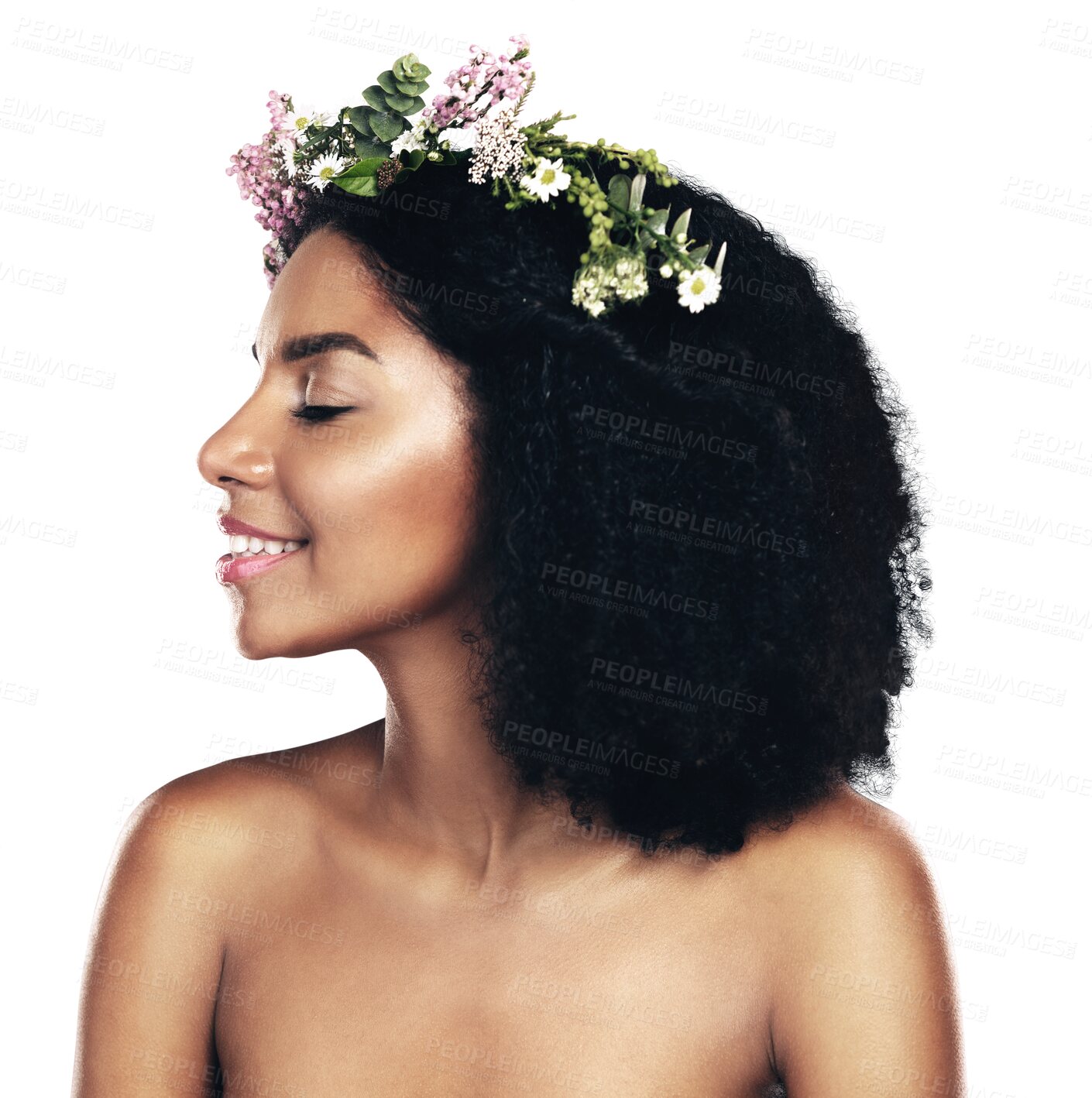Buy stock photo Skincare, profile and flower crown for wellness with a black woman isolated on transparent background. Beauty, smile and face with a happy young model on PNG for health, sustainability or cosmetics