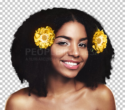 Buy stock photo Skincare, portrait and black woman with afro hair flowers, real natural self care or sustainable beauty treatment. Smile, eco friendly cosmetics or floral girl isolated on transparent, png background