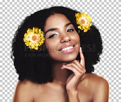 Buy stock photo Beauty portrait, black woman and afro hair flowers, facial skincare glow and eco friendly shampoo treatment. Face smile, real hairstyle and floral African girl isolated on transparent, png background