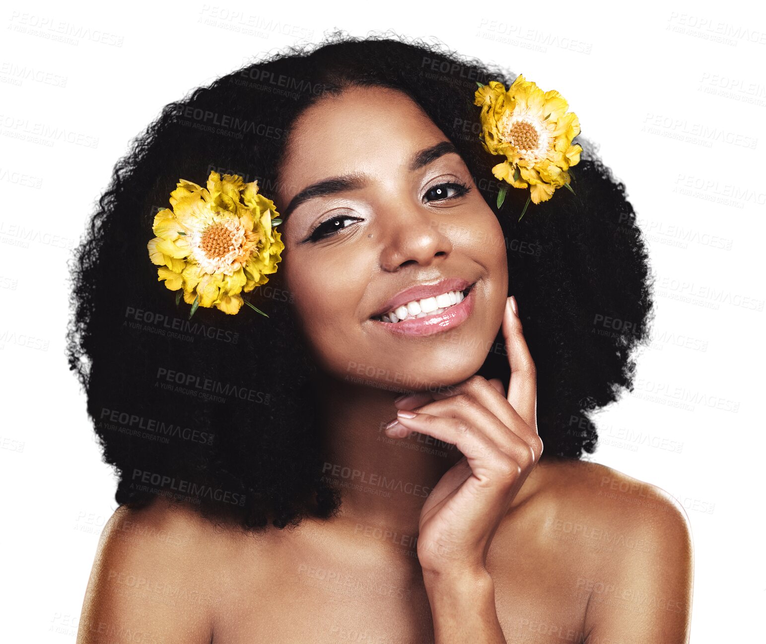 Buy stock photo Beauty portrait, black woman and afro hair flowers, facial skincare glow and eco friendly shampoo treatment. Face smile, real hairstyle and floral African girl isolated on transparent, png background