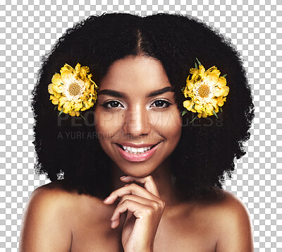 Buy stock photo Isolated African woman, flowers and hair with smile, beauty or portrait by transparent png background. Girl, floral style and face with cosmetics, spring aesthetic or plants in afro with natural glow