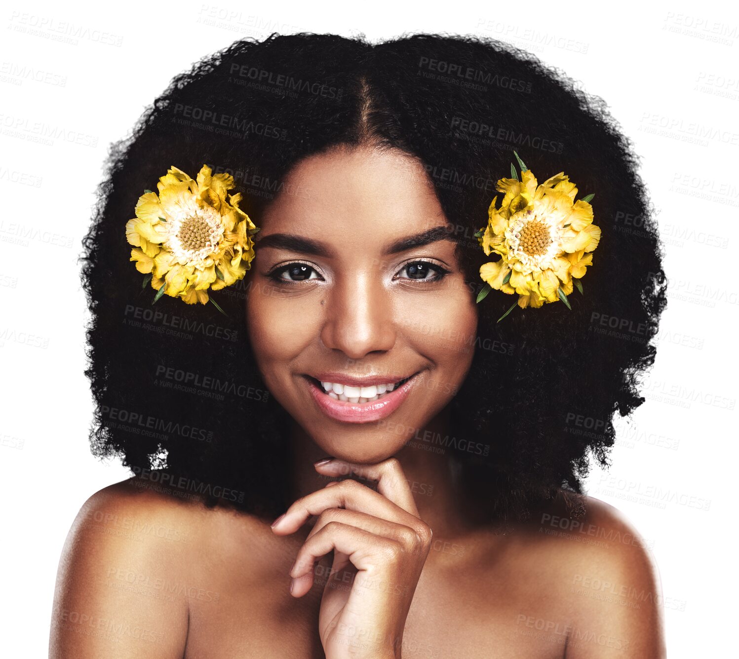 Buy stock photo Isolated African woman, flowers and hair with smile, beauty or portrait by transparent png background. Girl, floral style and face with cosmetics, spring aesthetic or plants in afro with natural glow