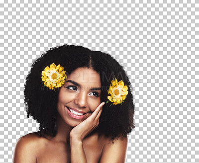 Buy stock photo Isolated African woman, yellow flowers and hair with smile, beauty or thinking by transparent png background. Girl, floral style and idea with cosmetics, spring aesthetic or plants in afro with glow