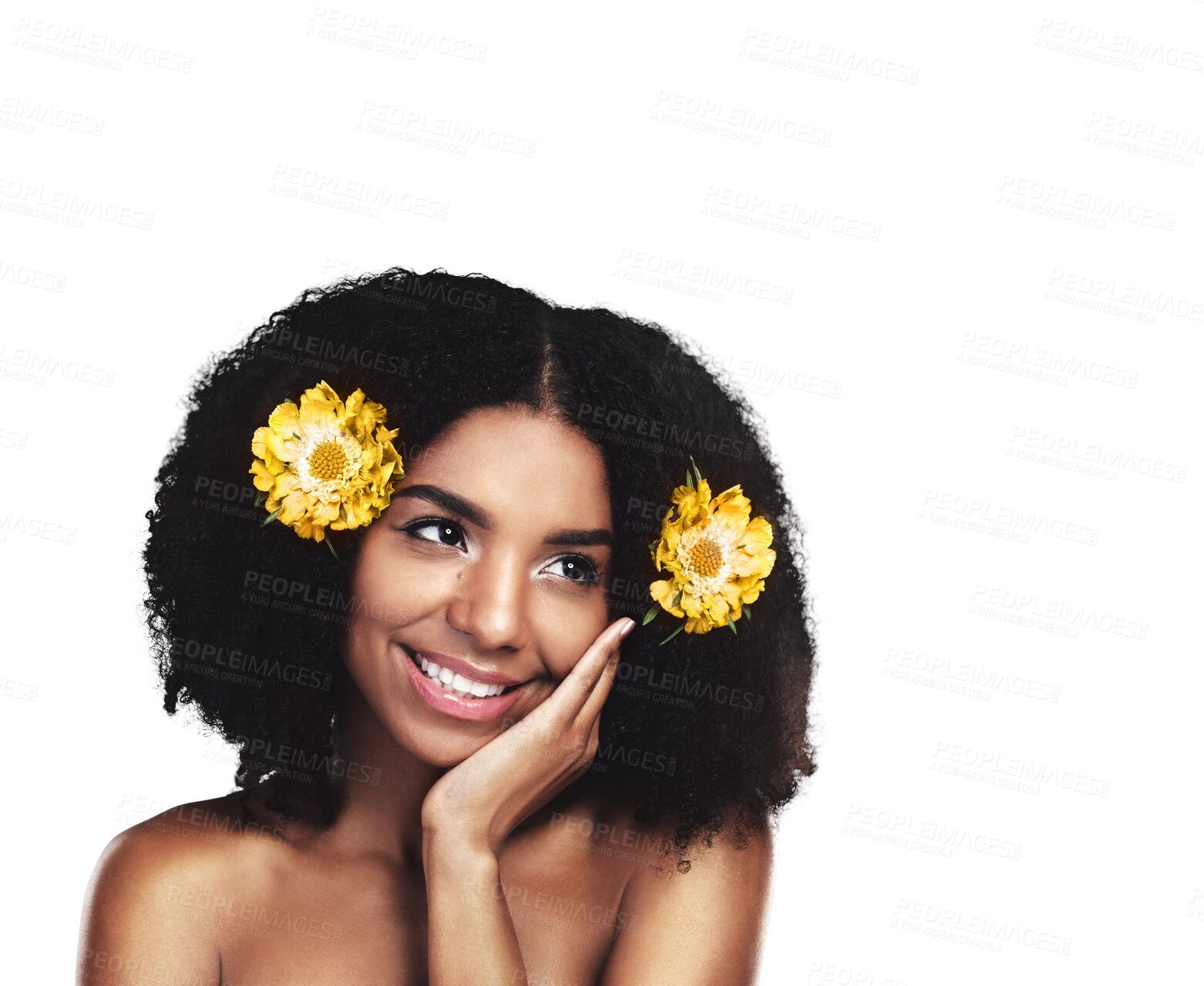 Buy stock photo Isolated African woman, yellow flowers and hair with smile, beauty or thinking by transparent png background. Girl, floral style and idea with cosmetics, spring aesthetic or plants in afro with glow