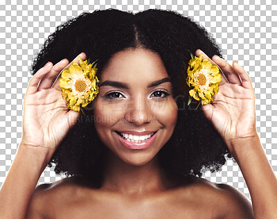 Buy stock photo Portrait, happy woman and hair care with beauty or yellow flowers isolated on png transparent background. African model, skincare and daisy plants in afro for cosmetics, floral aesthetic and smile