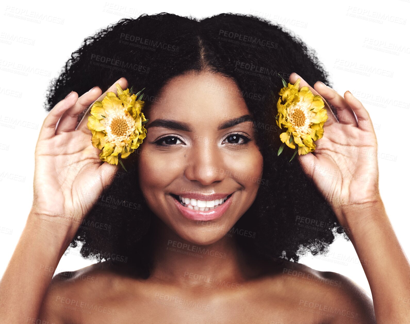 Buy stock photo Portrait, happy woman and hair care with beauty or yellow flowers isolated on png transparent background. African model, skincare and daisy plants in afro for cosmetics, floral aesthetic and smile