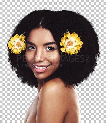 Buy stock photo Portrait, happy woman and hair care with beauty or yellow flowers isolated on png transparent background. African model, skincare and natural plants in afro for cosmetics, floral aesthetic and smile