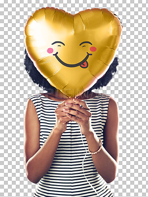 Buy stock photo Balloon emoji, birthday party and celebration with a woman isolated on a transparent background. Face, heart or expression and a person on PNG holding a shape with a happy smile for emotions