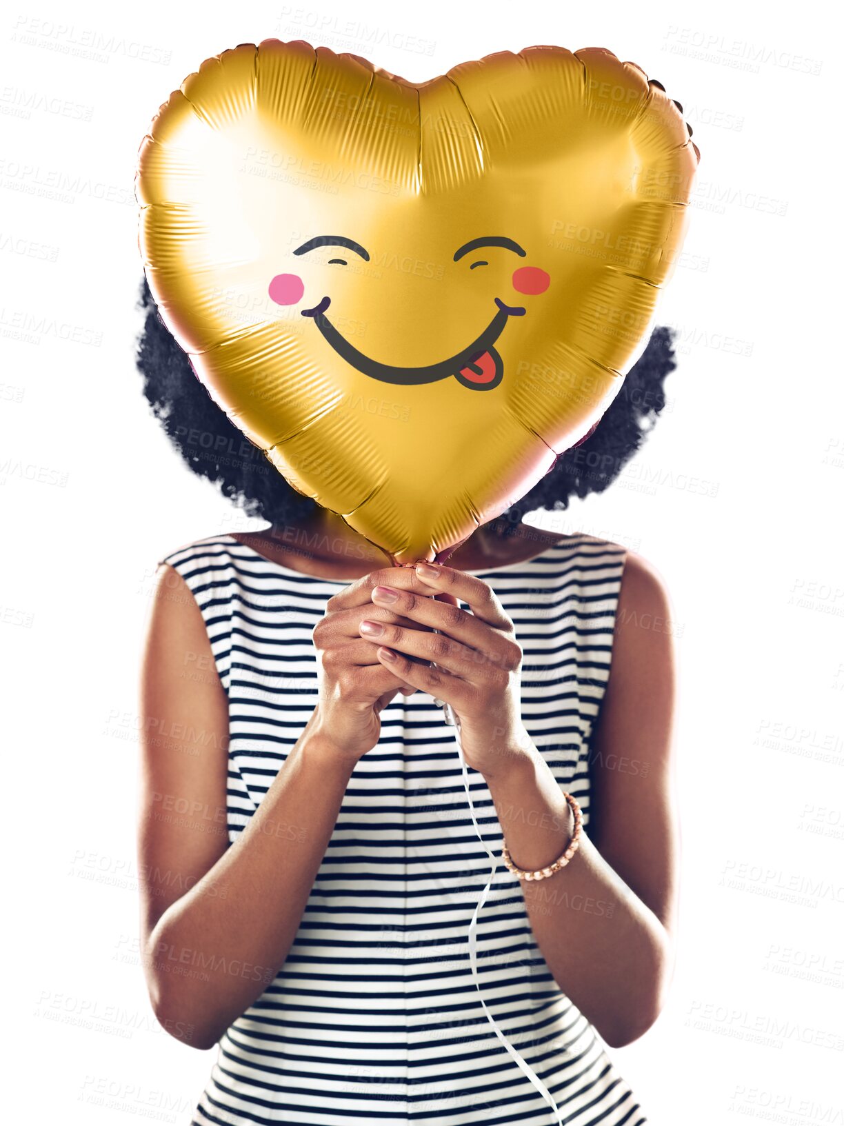 Buy stock photo Balloon emoji, birthday party and celebration with a woman isolated on a transparent background. Face, heart or expression and a person on PNG holding a shape with a happy smile for emotions