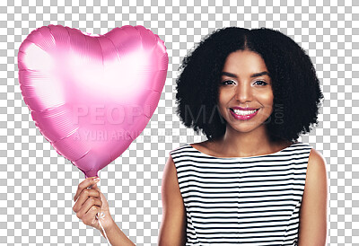 Buy stock photo Happy woman, portrait or heart balloon for love, romance or date isolated on png transparent background. Smile, shape or person in celebration for valentines day, freedom or kindness for care or fun