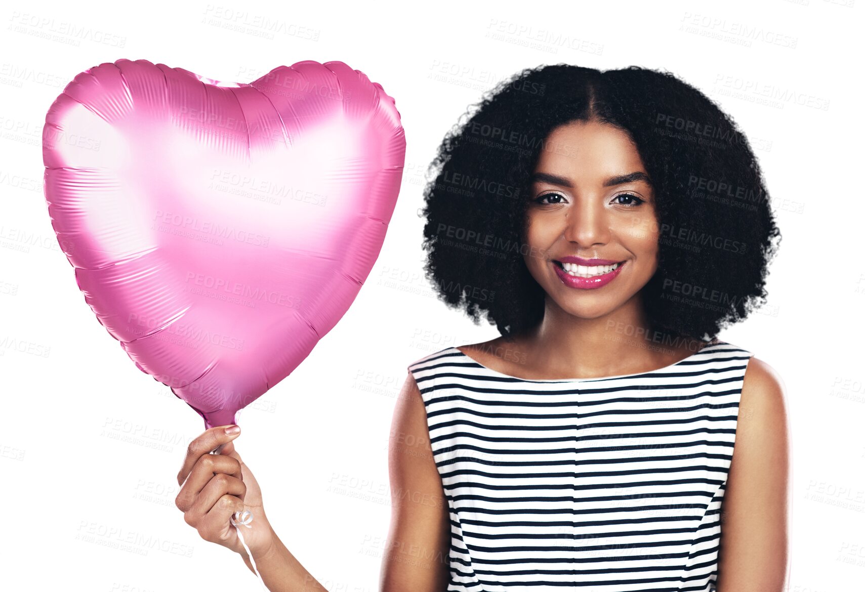 Buy stock photo Happy woman, portrait or heart balloon for love, romance or date isolated on png transparent background. Smile, shape or person in celebration for valentines day, freedom or kindness for care or fun