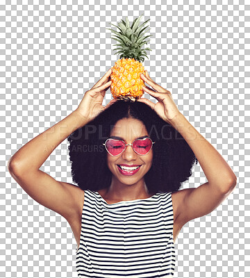 Buy stock photo Face, happy or woman for pineapple on head for healthy food or tropical fruit for nutrition. Model, sunglasses or smile with detox wellness in edgy eyewear or isolated on transparent png background