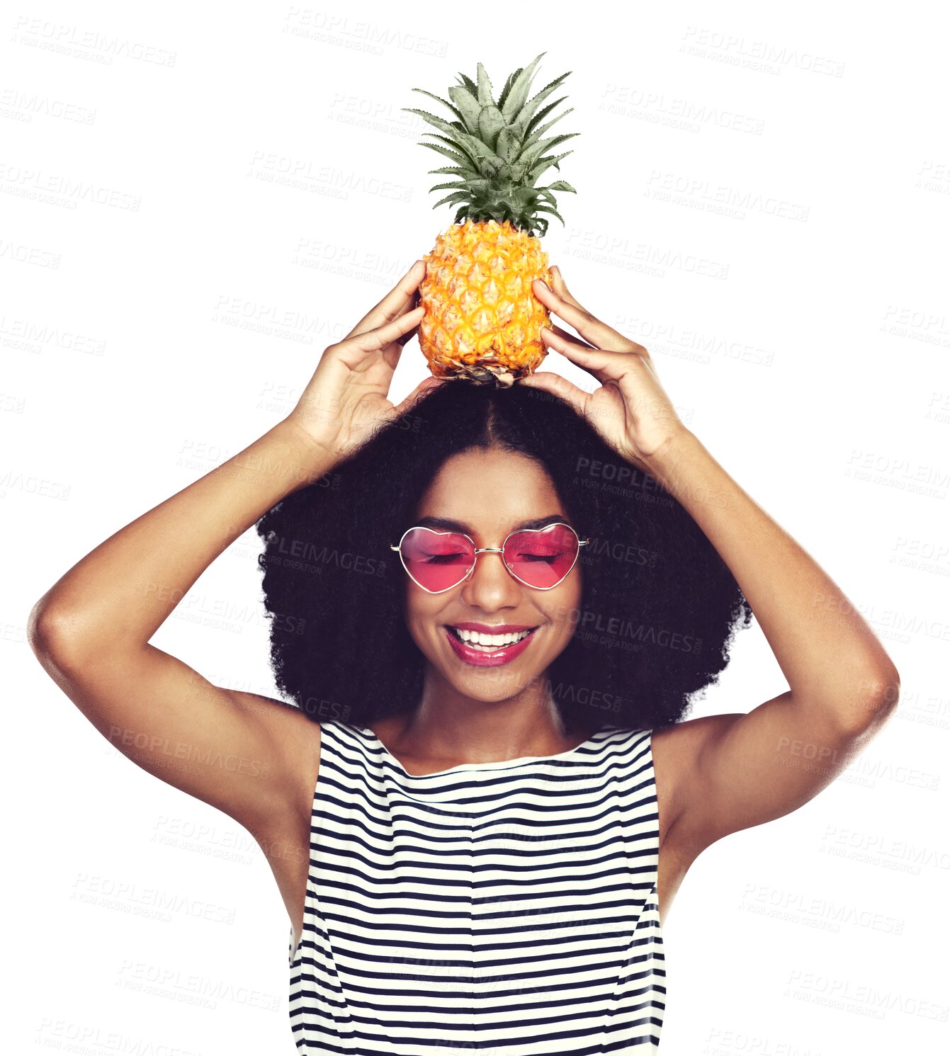 Buy stock photo Face, happy or woman for pineapple on head for healthy food or tropical fruit for nutrition. Model, sunglasses or smile with detox wellness in edgy eyewear or isolated on transparent png background