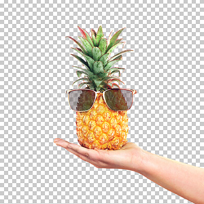 Buy stock photo Hand, pineapple and sunglasses for summer with a person isolated on a transparent background closeup. Health, diet or nutrition and a fruit with cool shades in a palm on PNG for fashion or style