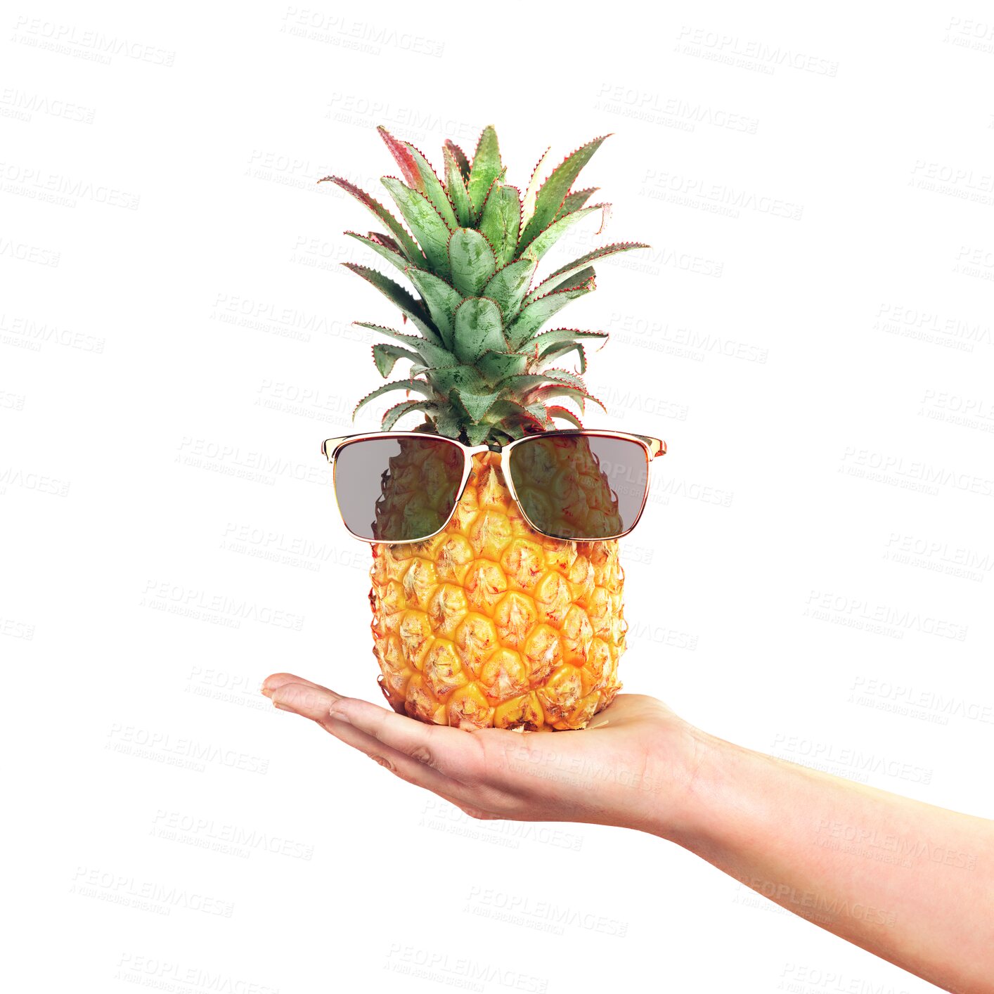 Buy stock photo Hand, pineapple and sunglasses for summer with a person isolated on a transparent background closeup. Health, diet or nutrition and a fruit with cool shades in a palm on PNG for fashion or style