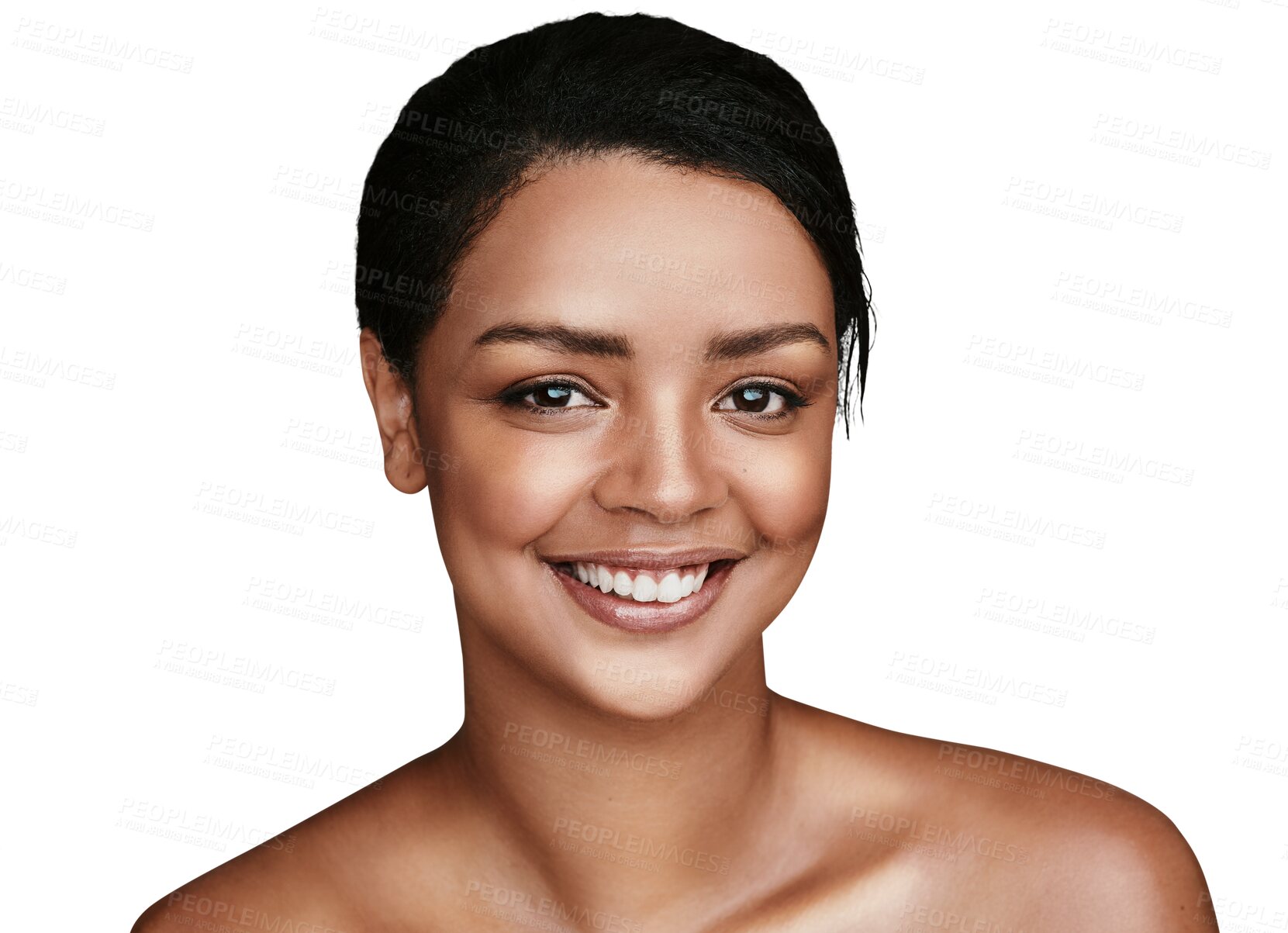 Buy stock photo Makeup, smile and portrait of young woman with cosmetic, natural and face glamour routine. Skincare, health and female person from Mexico with facial treatment isolated by transparent png background.