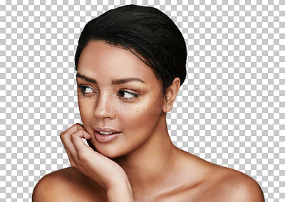 Buy stock photo Wellness, beauty and woman with skincare, cosmetics and shine isolated on a transparent background. Glow, person and model with confidence, grooming routine and treatment with png, luxury and health