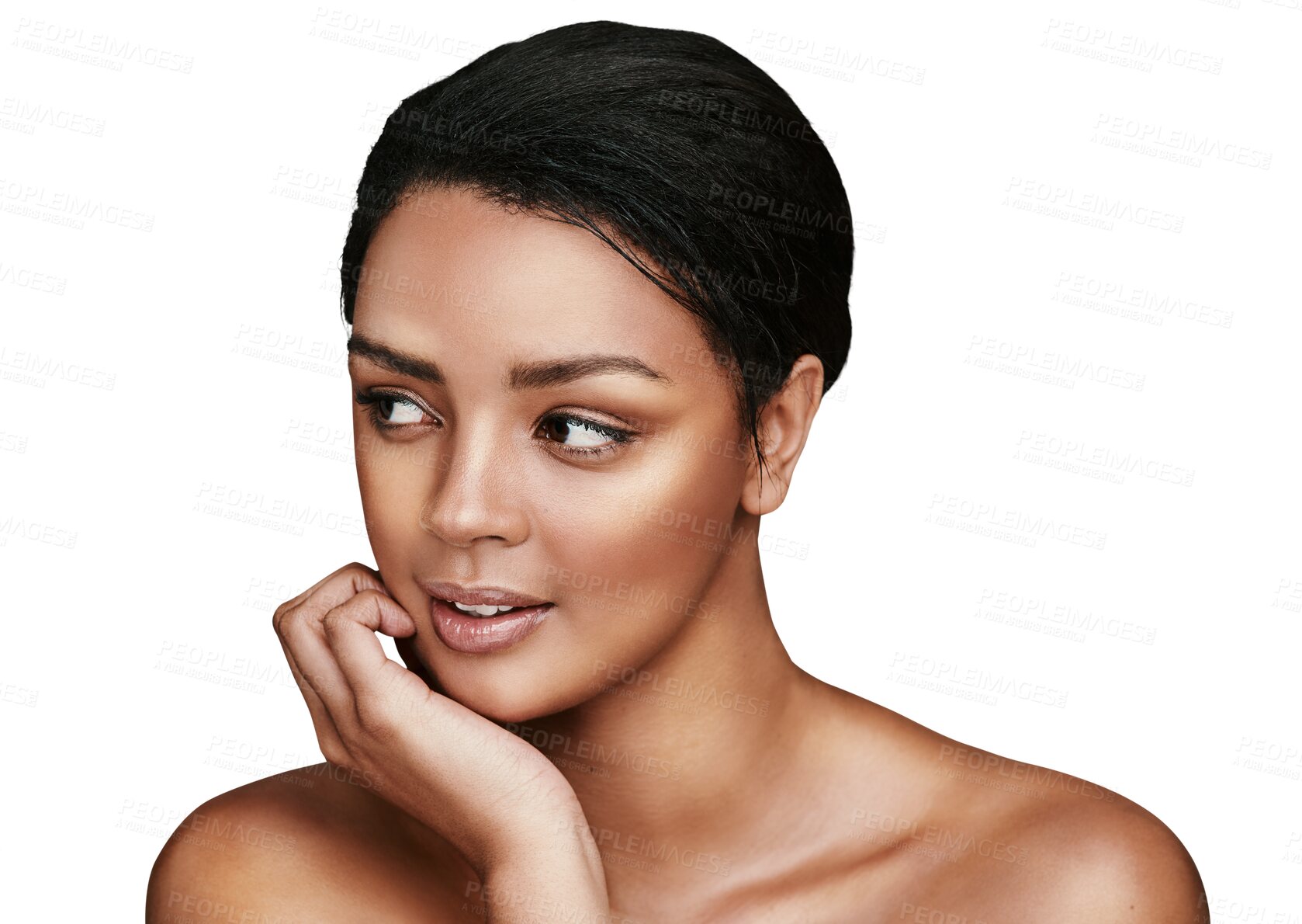 Buy stock photo Wellness, beauty and woman with skincare, cosmetics and shine isolated on a transparent background. Glow, person and model with confidence, grooming routine and treatment with png, luxury and health