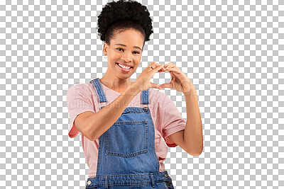 Buy stock photo Portrait, smile and heart hands for love with a black woman isolated on a transparent background. Emoji, social media or like with a happy young person on PNG for reaction to a status or post