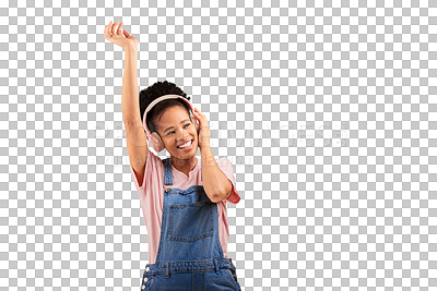 Buy stock photo Woman, dance and music for headphones listening or radio, rock audio or isolated transparent png background. Black person, move and smile for streaming playlist or jazz song track, podcast or hip hop