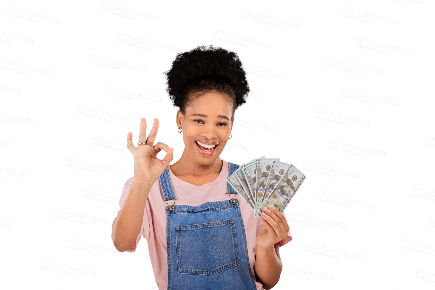 Buy stock photo Ok, happy woman and winner in portrait for money, bonus or lottery for cash prize. Black person, smile and hand gesture on isolated or transparent png background with dollar, investing or competition