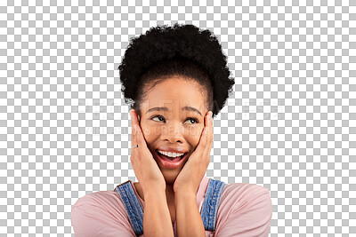 Buy stock photo Face, thinking and surprise with an afro black woman isolated on a transparent background for expression. Smile, wow and idea with a happy young person feeling excited about good news on PNG