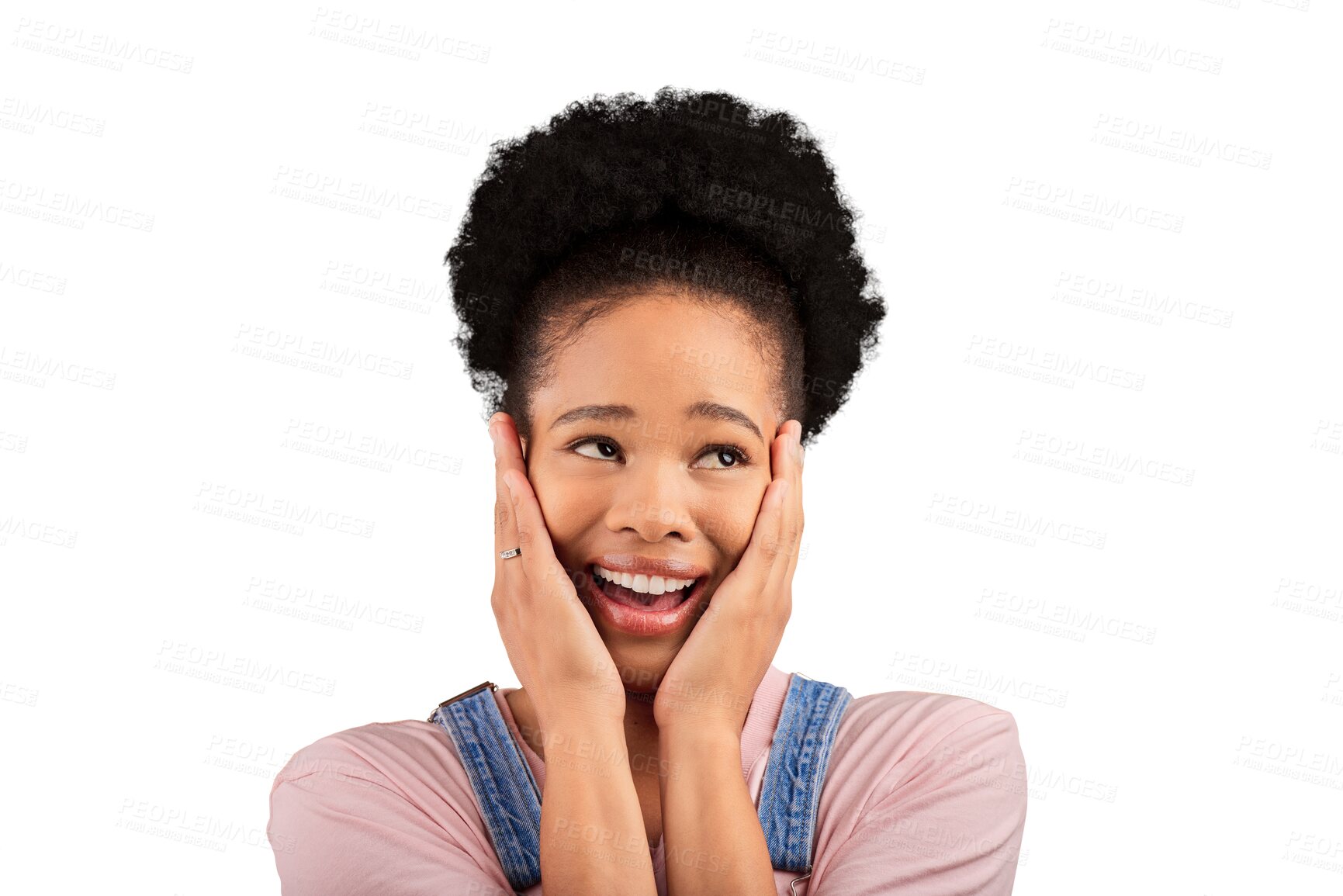 Buy stock photo Face, thinking and surprise with an afro black woman isolated on a transparent background for expression. Smile, wow and idea with a happy young person feeling excited about good news on PNG