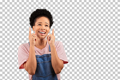 Buy stock photo Face, pointing and surprise with an afro black woman isolated on a transparent background for expression. Smile, wow and information with a happy young person feeling excited about good news on PNG