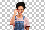 Portrait, glasses and smile with a black woman on a yellow backg