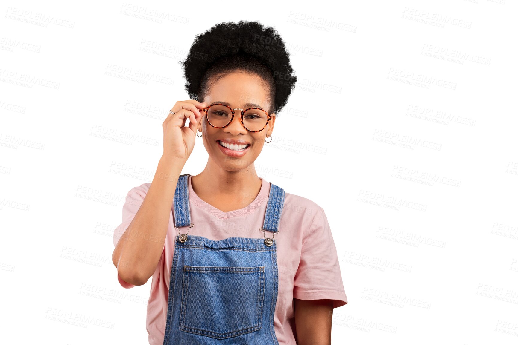 Buy stock photo African, happy woman and portrait with glasses or fashion in transparent, isolated and png background. Vision, eyewear and spectacle frames with lenses with college student at the optometrist
