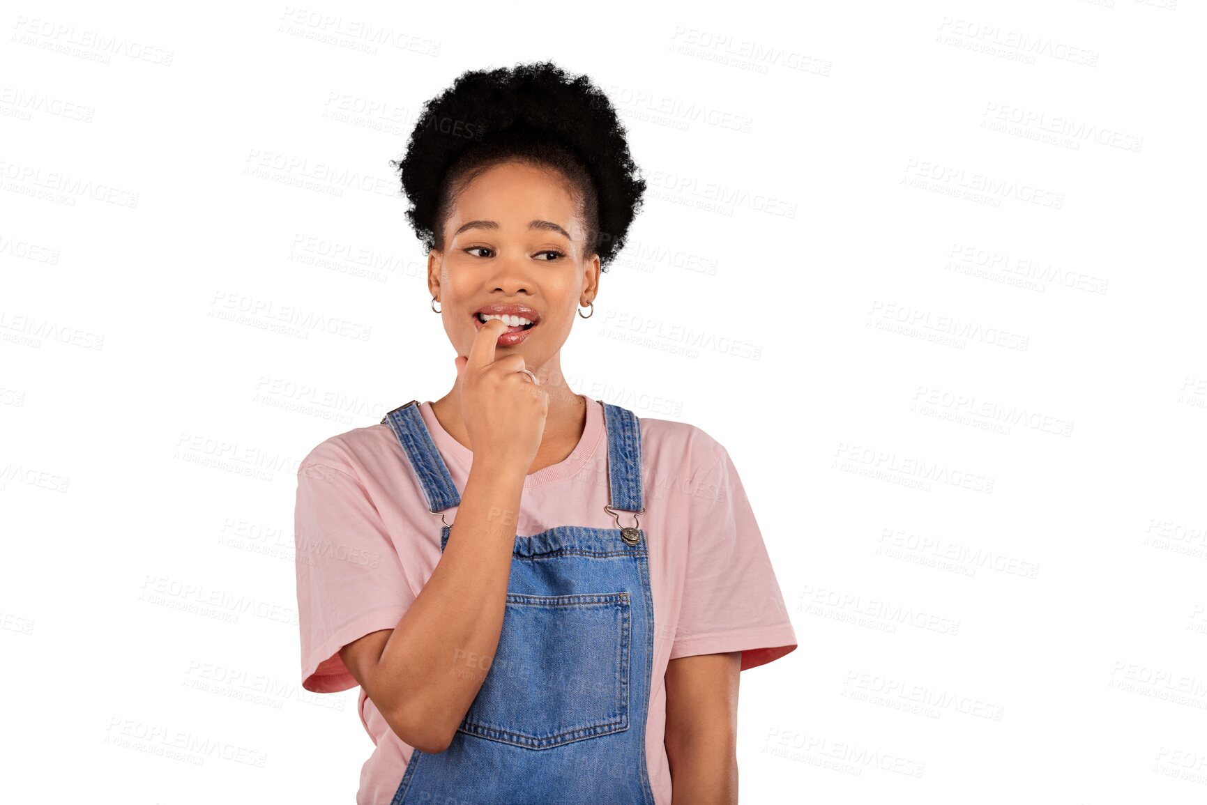 Buy stock photo Woman, student and thinking or doubt for university, college or education choice and decision. African person with college stress or nervous for study results isolated on transparent png background